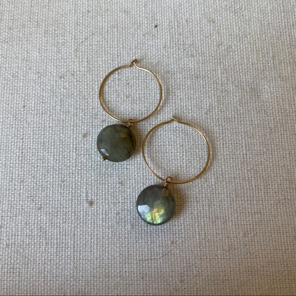 Handmade Labradorite Hoop Earrings 14k gf. Everyday earrings, shower safe! - Picture 5 of 6